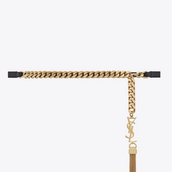 Saint Laurent Monogram Logo YSL Gold Tassel Black Leather Chain Belt ? main image 7